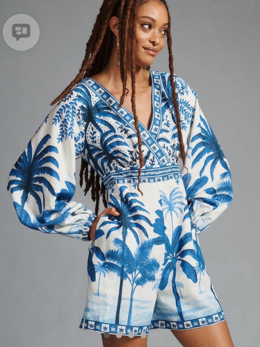 FARM Rio Blue and White Floral V-Neck Romper